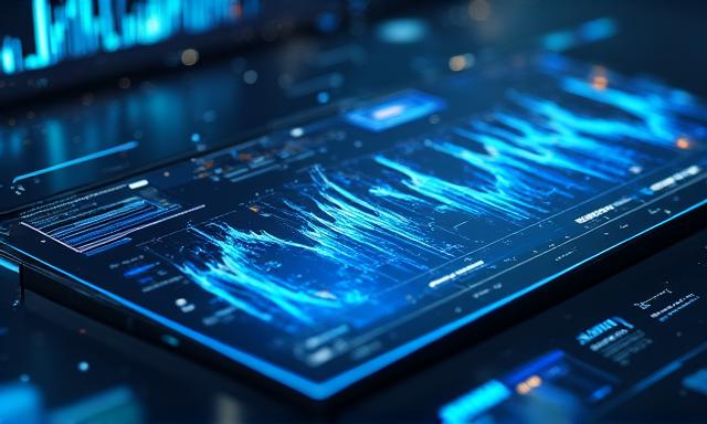 Futuristic digital dashboard interface showing 3D data visualizations