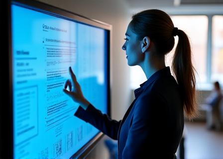Business professional looking at a live data feed on a sleek monitor